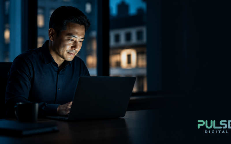 Singapore business owner reviewing a website on a laptop at dusk