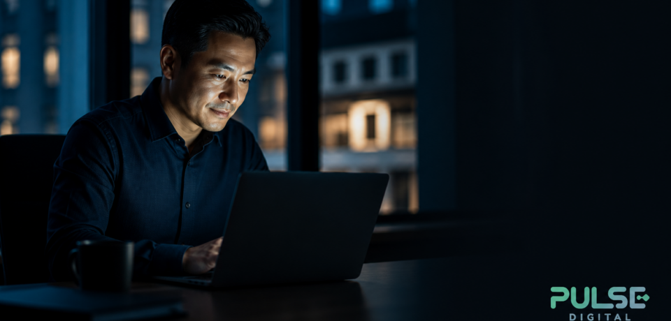 Singapore business owner reviewing a website on a laptop at dusk