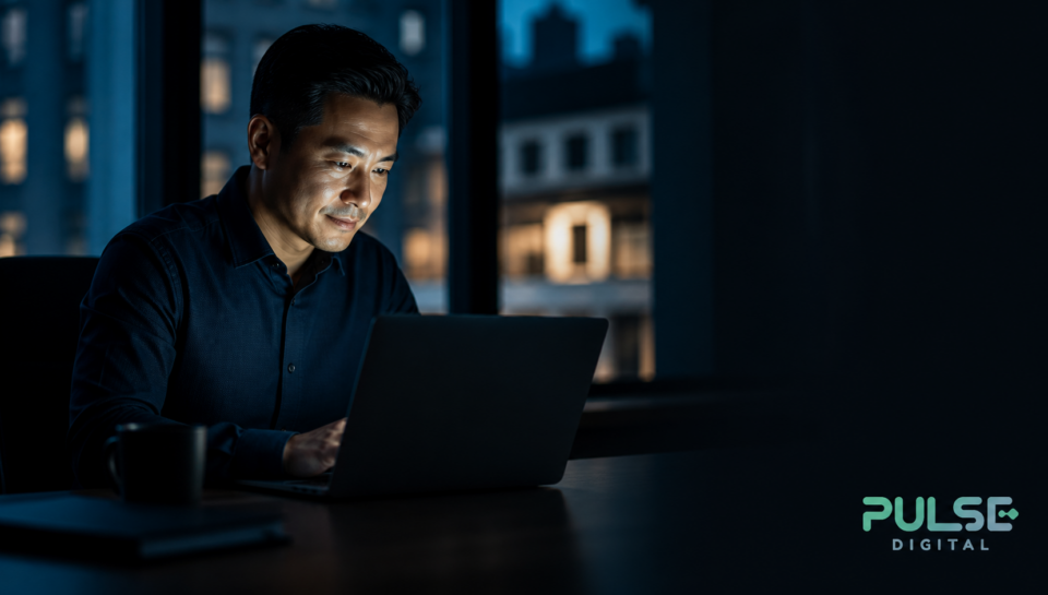 Singapore business owner reviewing a website on a laptop at dusk