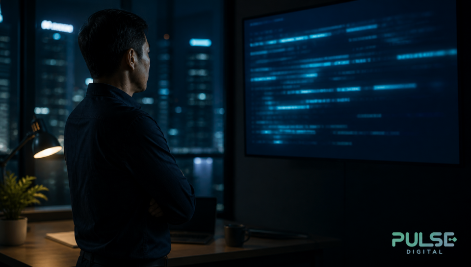 Singapore business owner reviewing AI-readable website text on a monitor
