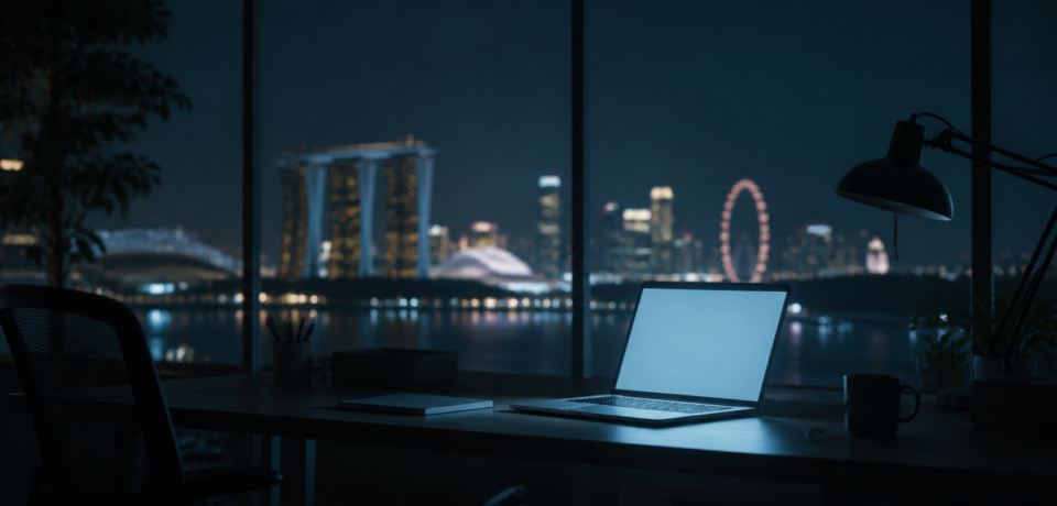 Empty Singapore office desk at night with a glowing laptop