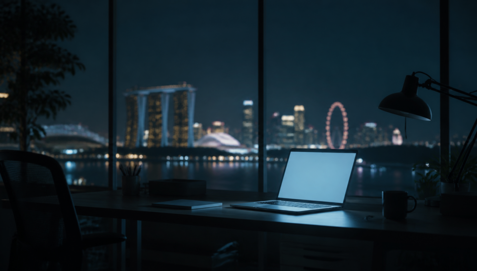 Empty Singapore office desk at night with a glowing laptop