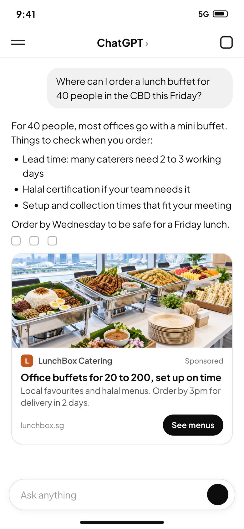 A ChatGPT answer about ordering a lunch buffet for 40 people in the CBD, with a sponsored catering ad below it