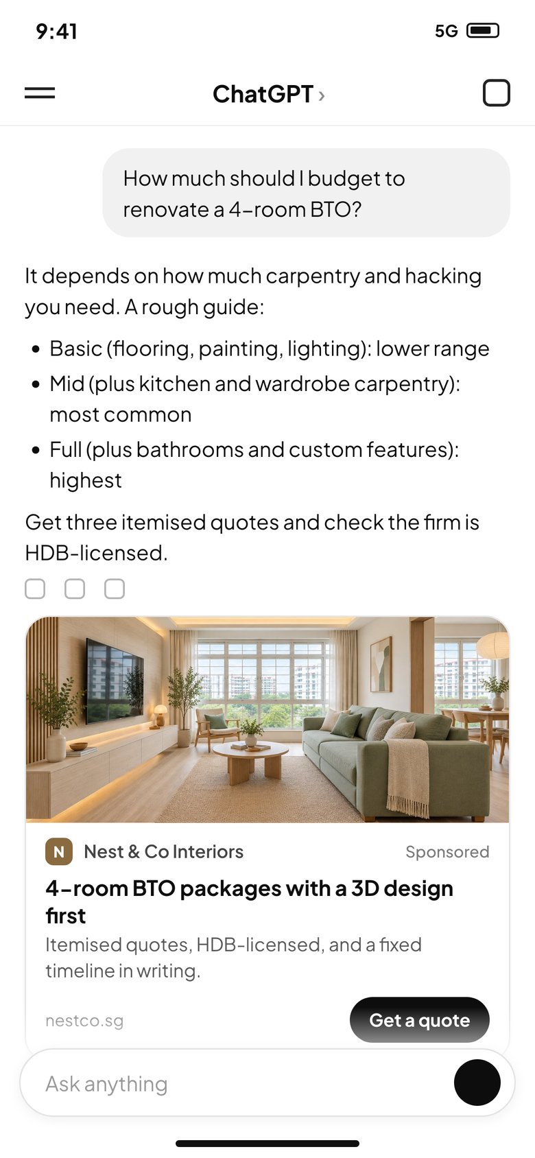 A ChatGPT answer about budgeting for a 4-room BTO renovation, with a sponsored interior design firm ad below it