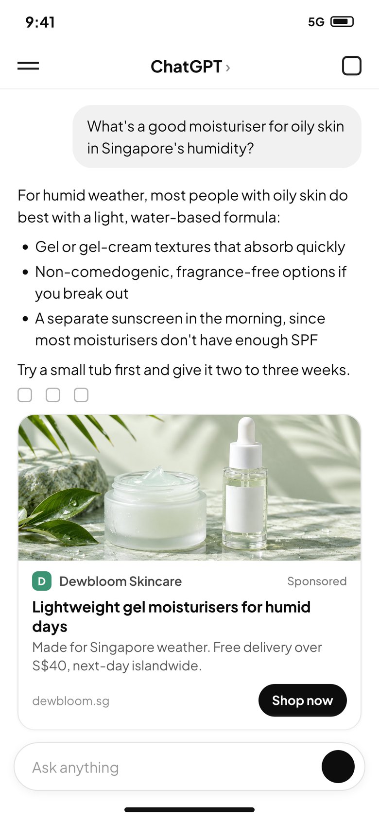 A ChatGPT answer about moisturisers for oily skin with a sponsored skincare ad below it