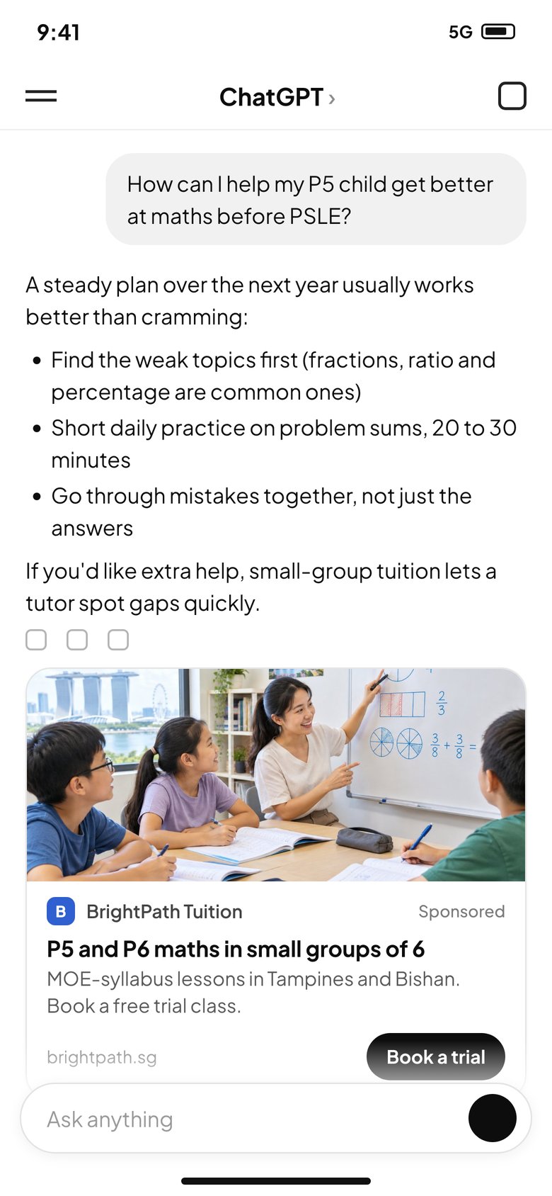 A ChatGPT answer about helping a Primary 5 child with maths, with a sponsored tuition centre ad below it