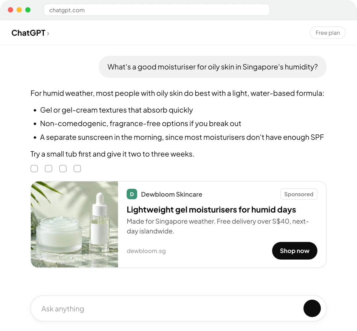 Example of a ChatGPT answer about moisturisers with a sponsored skincare ad shown below it