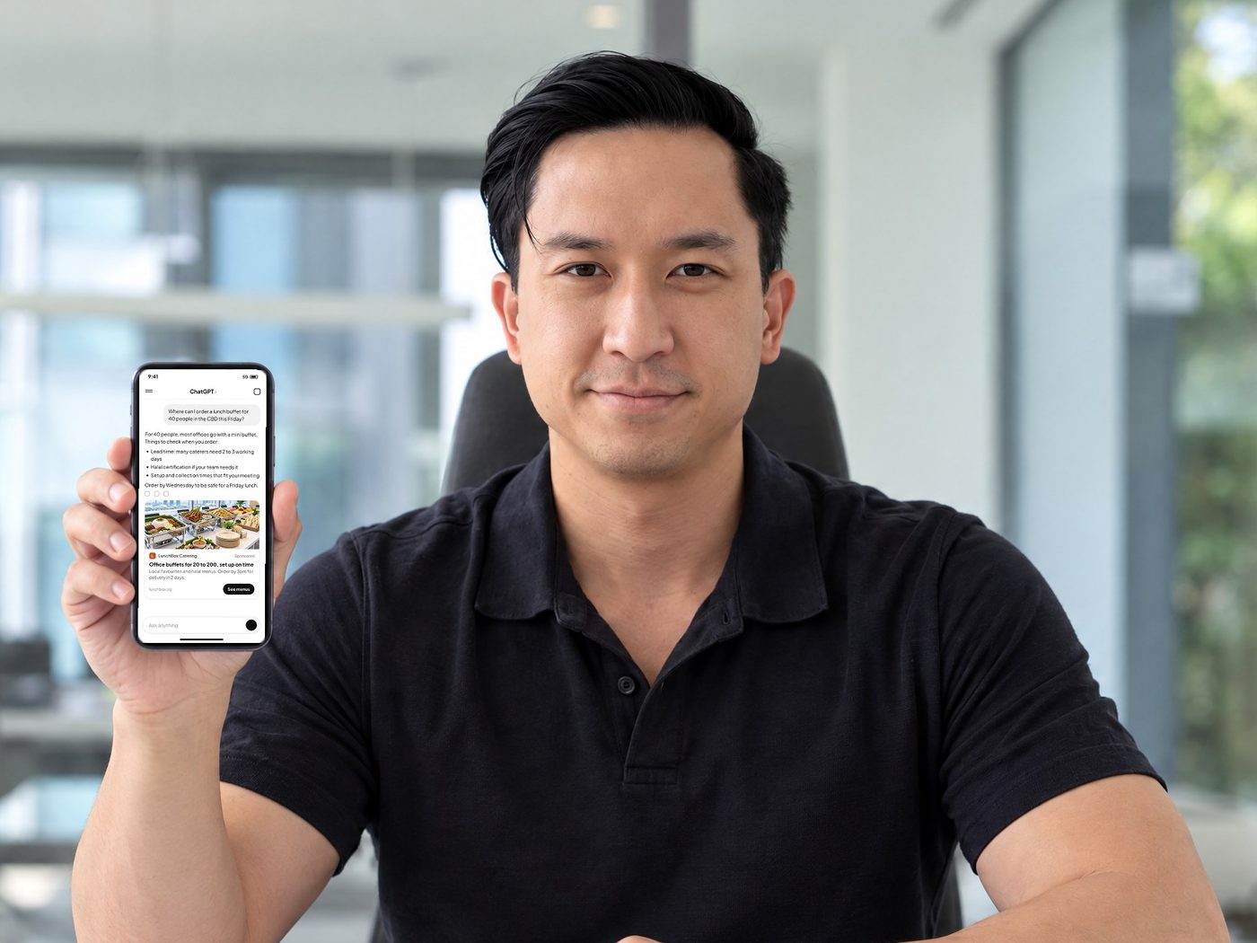 Marcus Goh, founder of PULSE Digital, holding a phone showing a ChatGPT answer about office lunch buffets with a sponsored catering ad below it