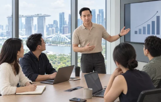 Marcus Goh, founder of PULSE Digital, leading a team meeting in a Singapore conference room overlooking Marina Bay