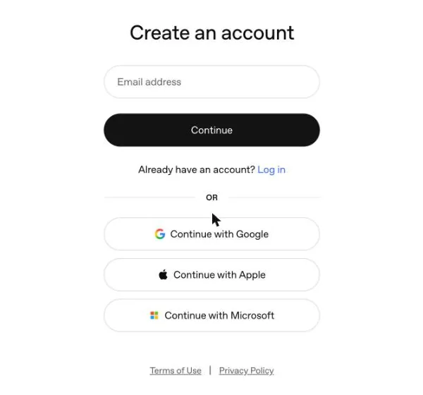 OpenAI create account page with Google, Apple and Microsoft sign-in options