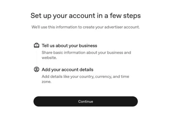 Ads Manager setup screen with two parts: tell us about your business, and add your account details
