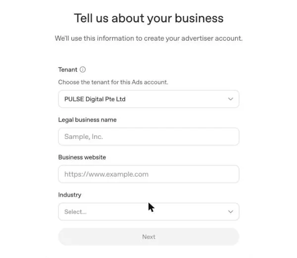Business details form with tenant, legal business name, business website and industry fields