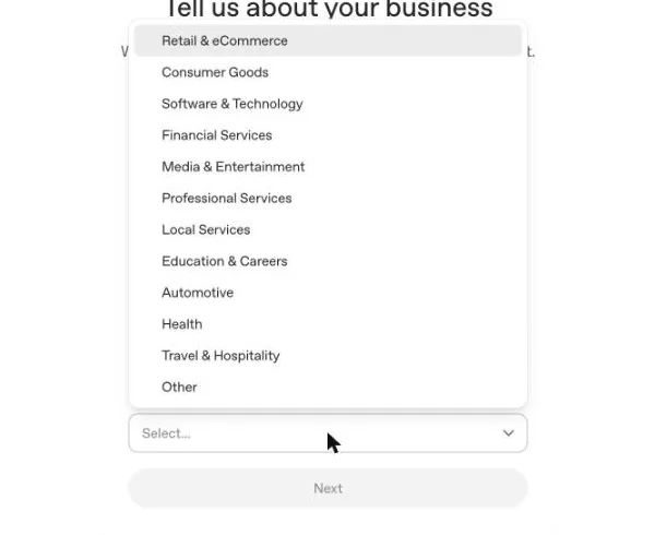 The full industry list in Ads Manager, from Retail and eCommerce to Travel and Hospitality
