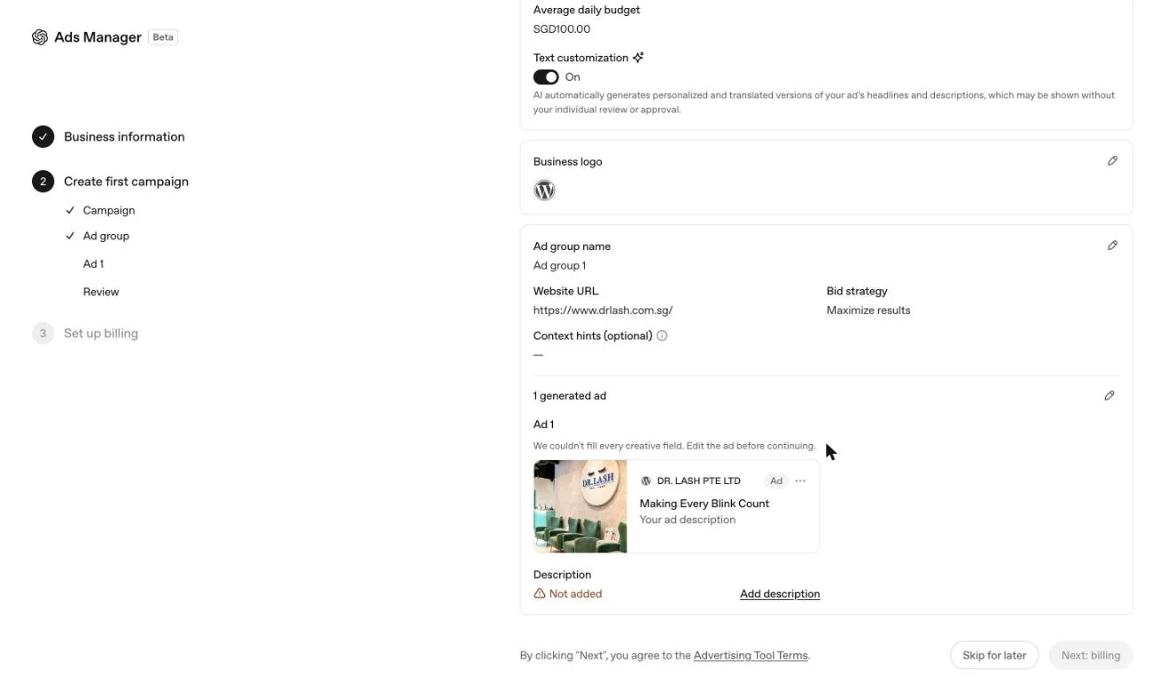 The auto-generated draft campaign in Ads Manager with a WordPress icon as the logo and a missing ad description