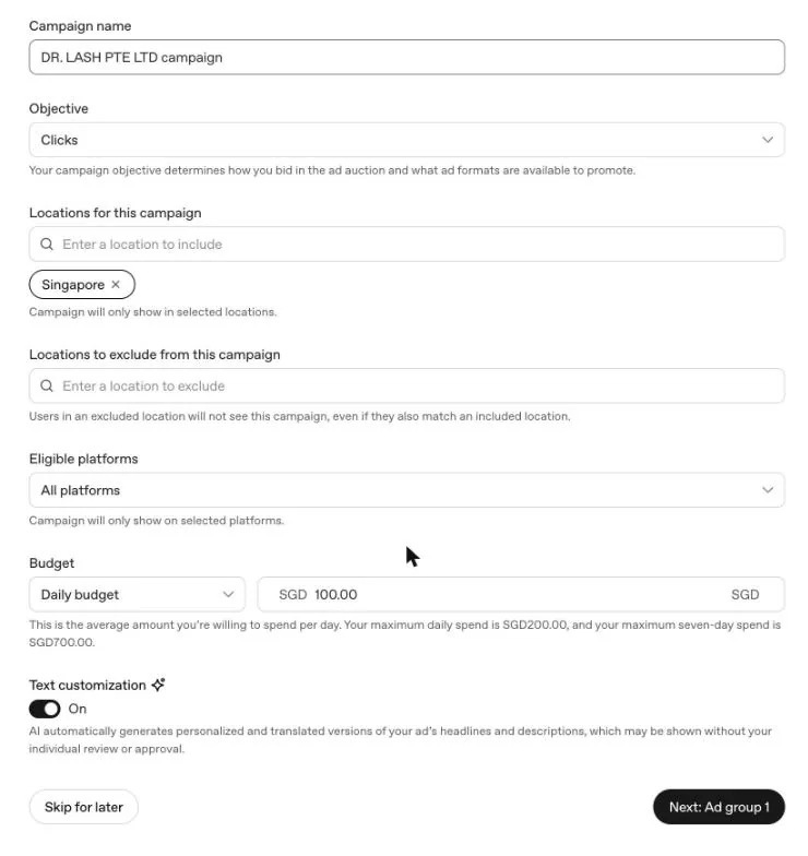 Campaign settings in Ads Manager: campaign name, objective, locations, eligible platforms, budget and text customization