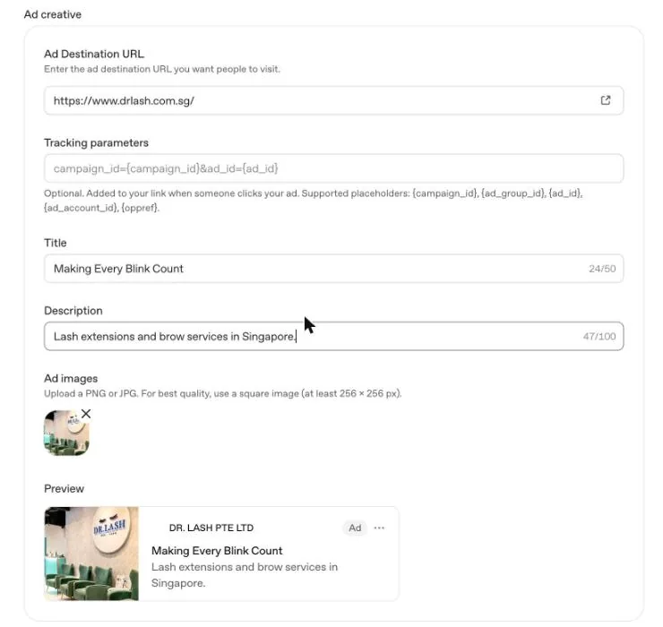 A finished ChatGPT ad in OpenAI Ads Manager with its title, description, image and live preview