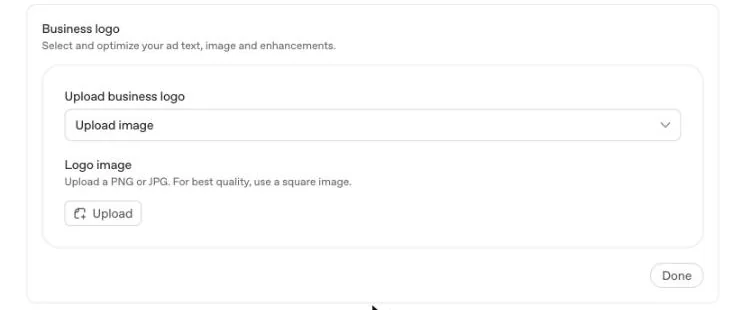 Business logo panel in Ads Manager with an Upload image option