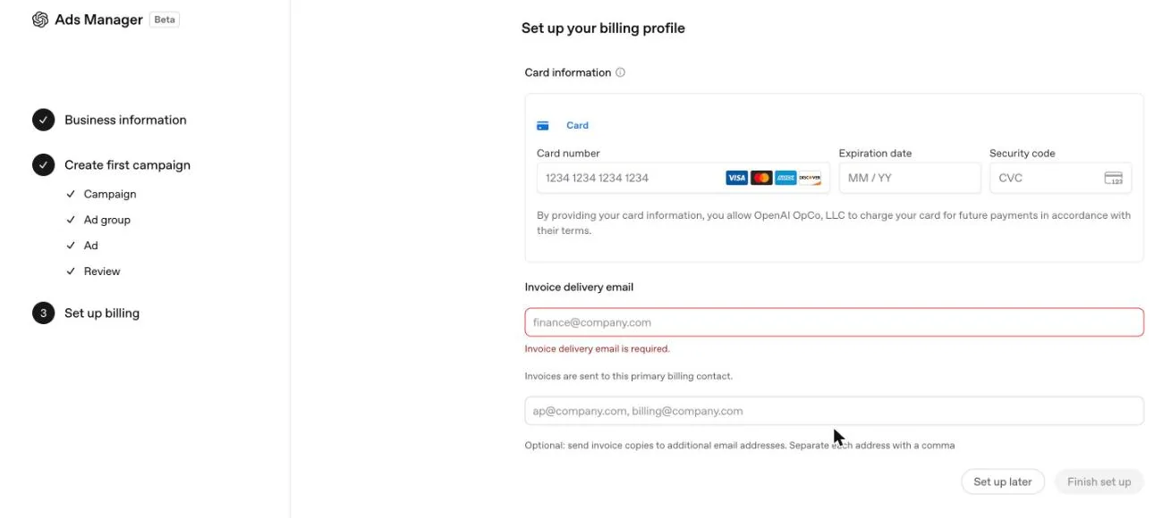 Ads Manager billing profile with card details and invoice delivery email
