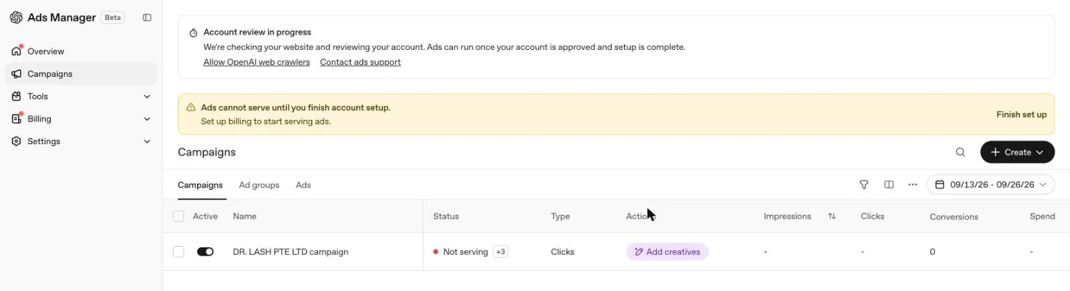 Ads Manager campaigns dashboard showing account review in progress and a not serving campaign