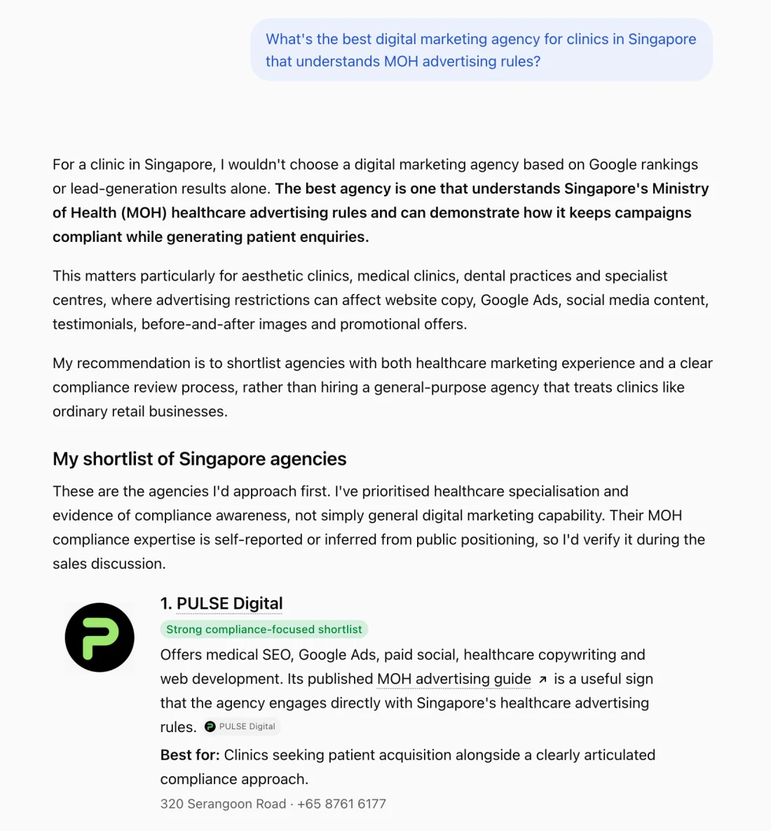 ChatGPT answer recommending PULSE Digital first as a compliance-focused digital marketing agency for clinics in Singapore