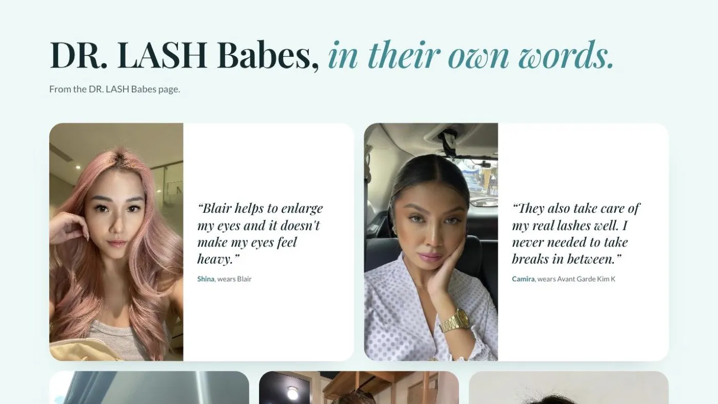DR. LASH homepage customer quotes in the 2026 redesign preview