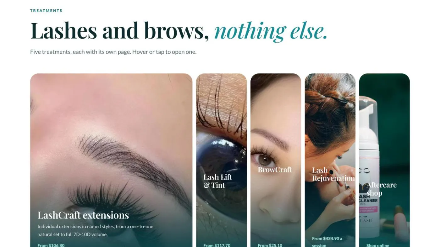 DR. LASH homepage treatments section in the 2026 redesign preview, with starting prices