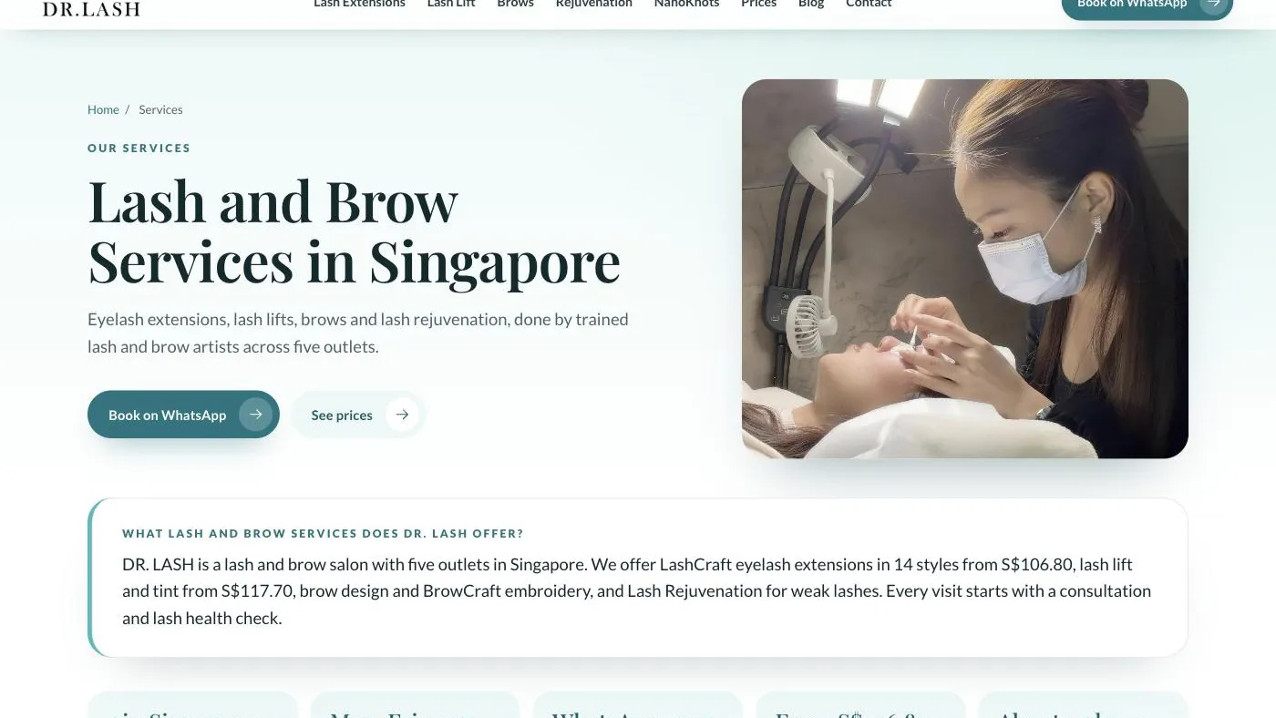 DR. LASH services page in the 2026 redesign preview, with prices shown up front